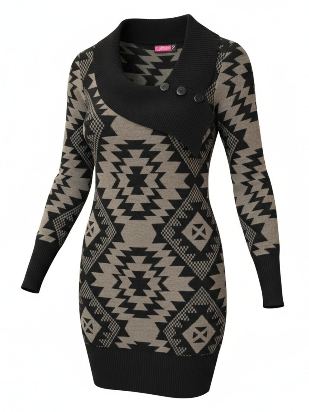 Say What? Black and Taupe Aztec Shawl Collar Sweater Dress